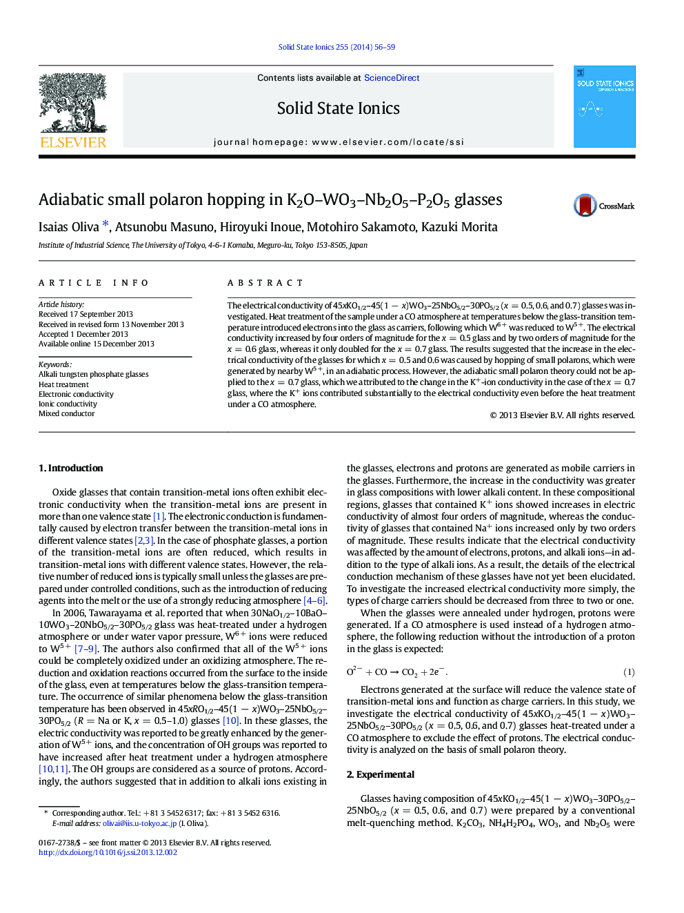 Adiabatic small polaron hopping in K2O-WO3-Nb2O5-P2O5 glasses