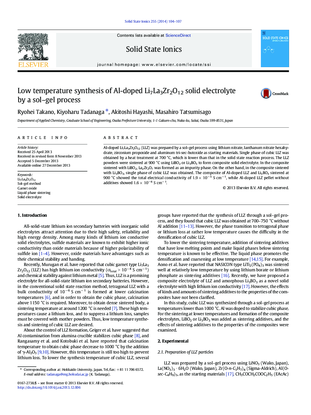 Low temperature synthesis of Al-doped Li7La3Zr2O12 solid electrolyte by a sol–gel process