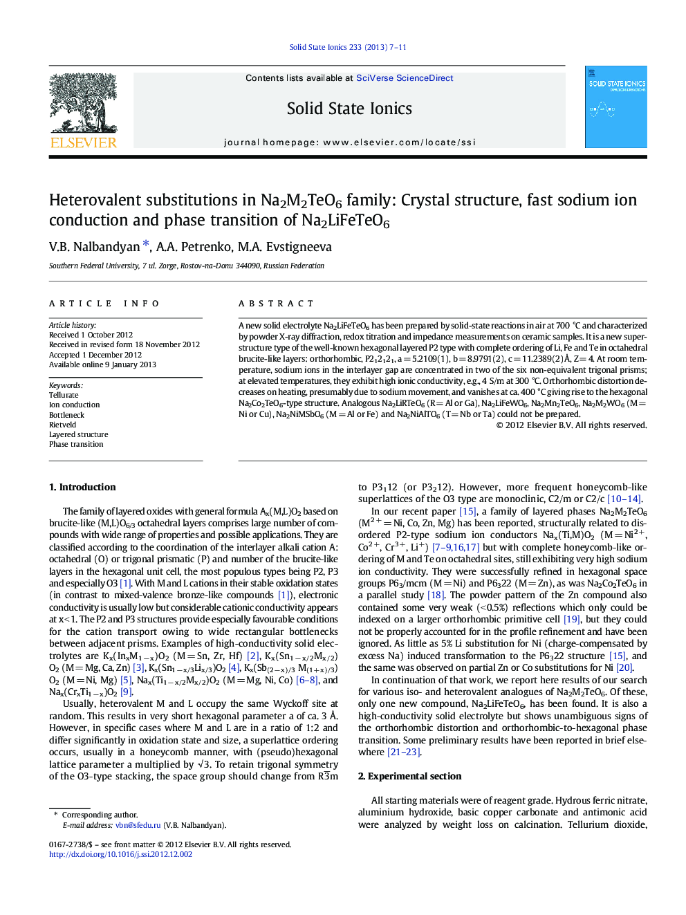 Heterovalent substitutions in Na2M2TeO6 family: Crystal structure, fast sodium ion conduction and phase transition of Na2LiFeTeO6