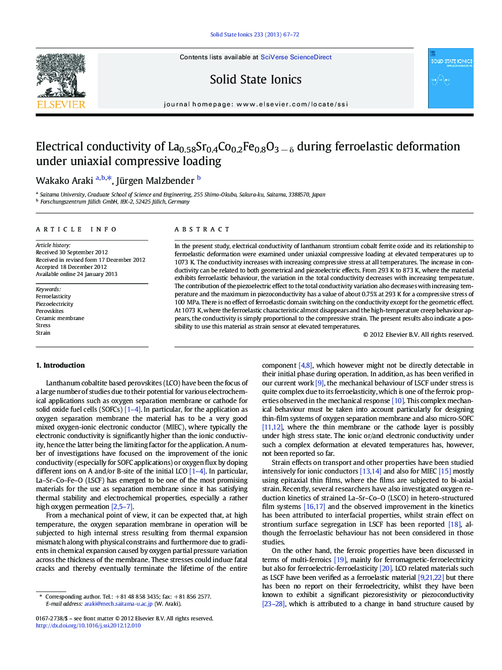 Electrical conductivity of La0.58Sr0.4Co0.2Fe0.8O3 − δ during ferroelastic deformation under uniaxial compressive loading