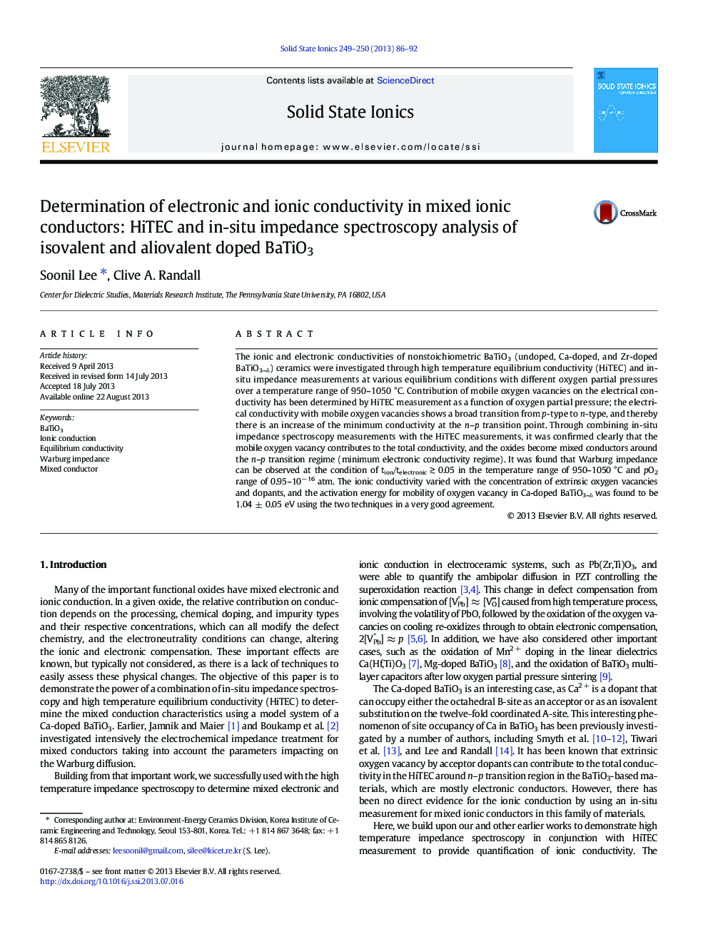 عکس صفحه اول مقاله: Determination of electronic and ionic conductivity in mixed ionic conductors: HiTEC and in-situ impedance spectroscopy analysis of isovalent and aliovalent doped BaTiO3 Determination of electronic and ionic conductivity in mixed ionic conductors: HiTEC and in-situ impedance spectroscopy analysis of isovalent and aliovalent doped BaTiO3