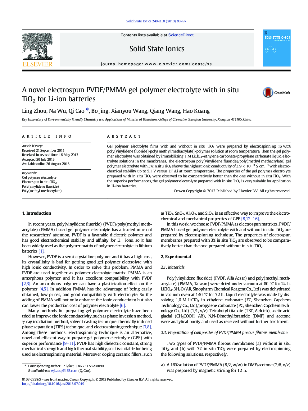 A novel electrospun PVDF/PMMA gel polymer electrolyte with in situ TiO2 for Li-ion batteries