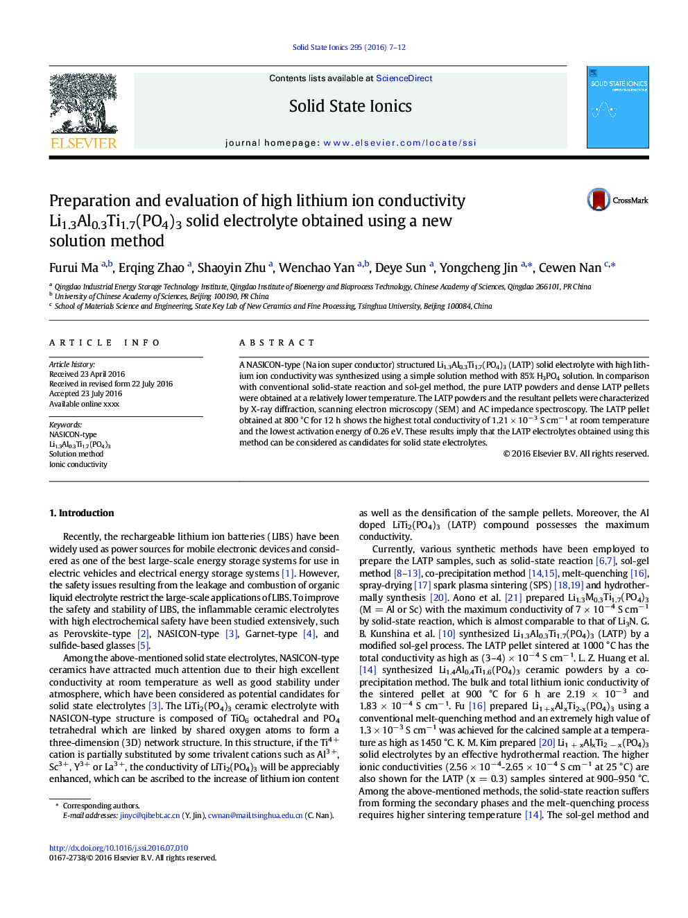 Preparation and evaluation of high lithium ion conductivity Li1.3Al0.3Ti1.7(PO4)3 solid electrolyte obtained using a new solution method