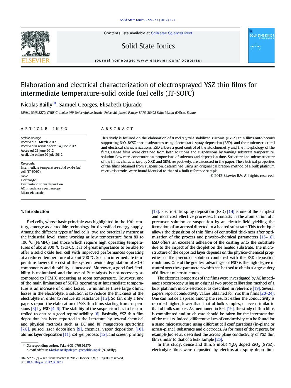 Elaboration and electrical characterization of electrosprayed YSZ thin films for intermediate temperature-solid oxide fuel cells (IT-SOFC)