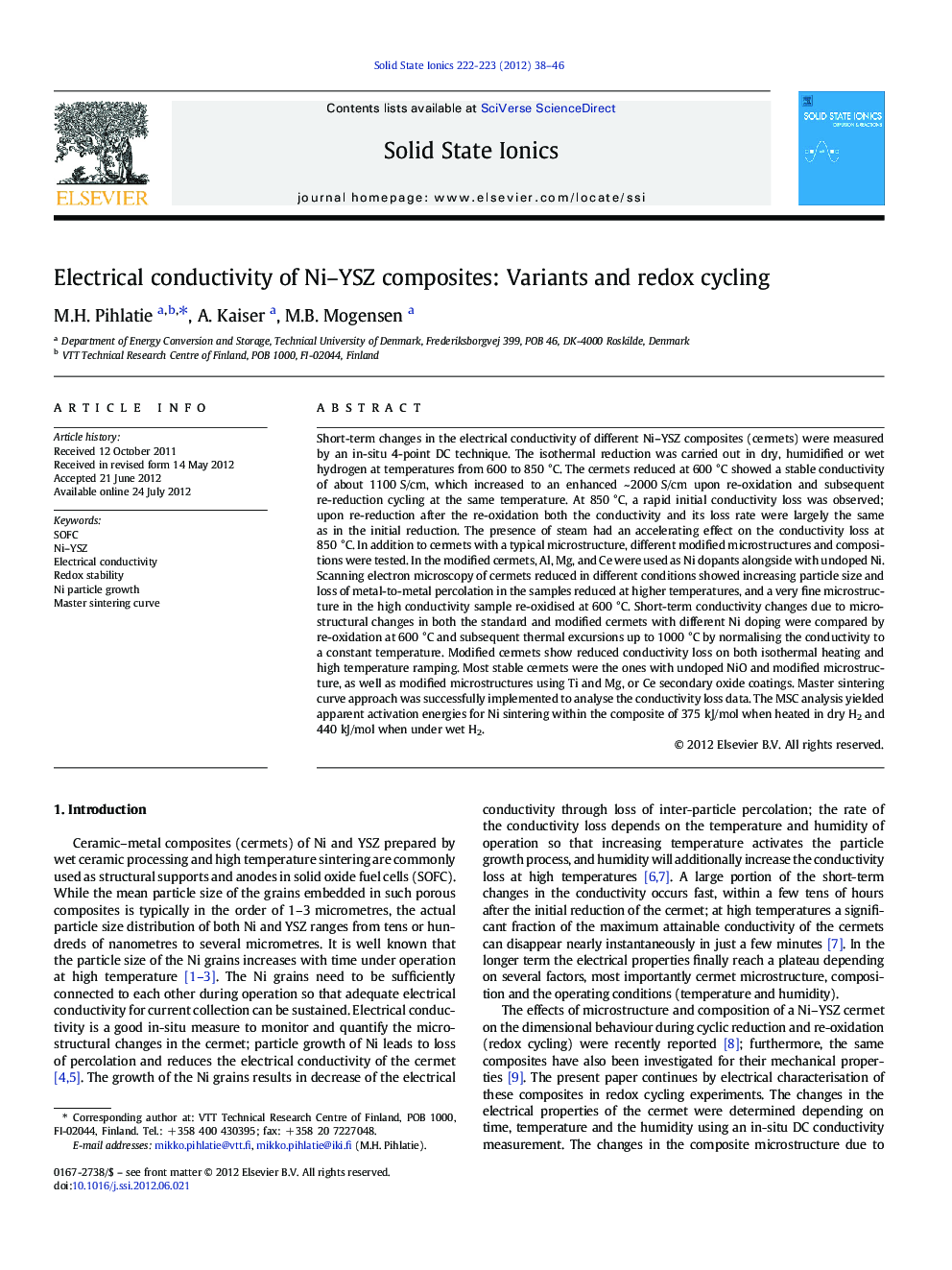 Electrical conductivity of Ni–YSZ composites: Variants and redox cycling