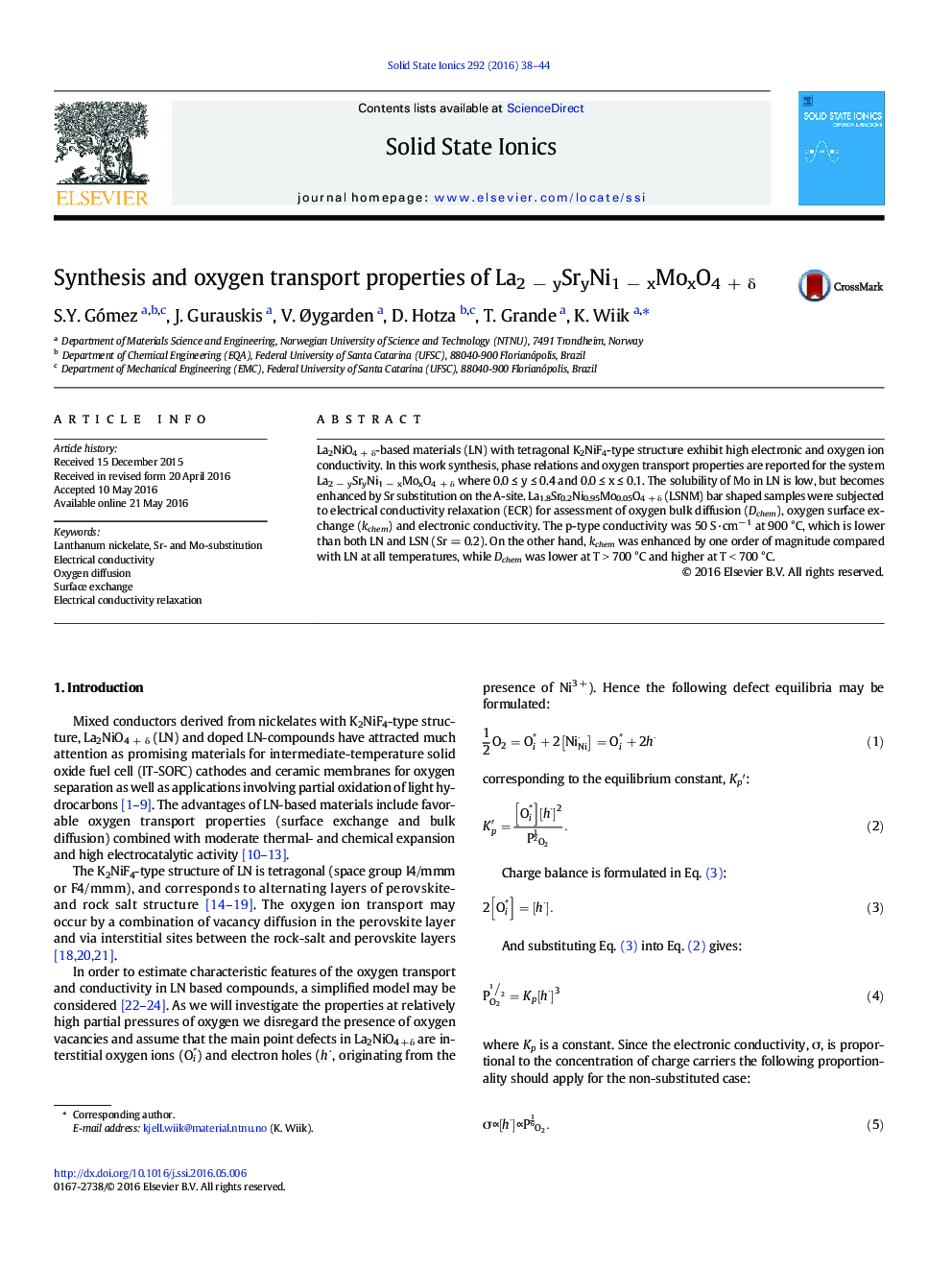 Synthesis and oxygen transport properties of La2 − ySryNi1 − xMoxO4 + δ