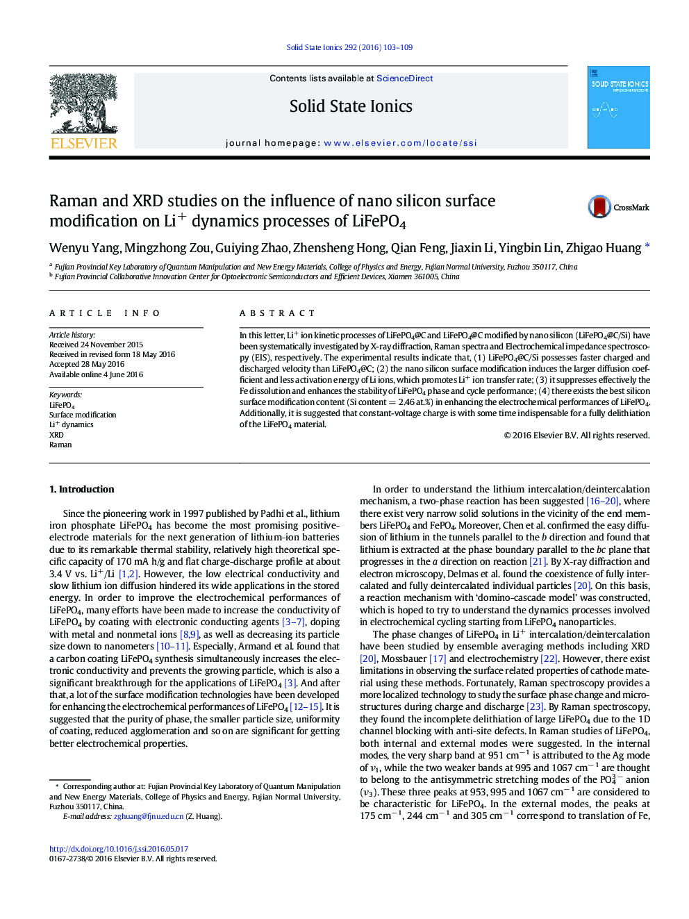 Raman and XRD studies on the influence of nano silicon surface modification on Li+ dynamics processes of LiFePO4