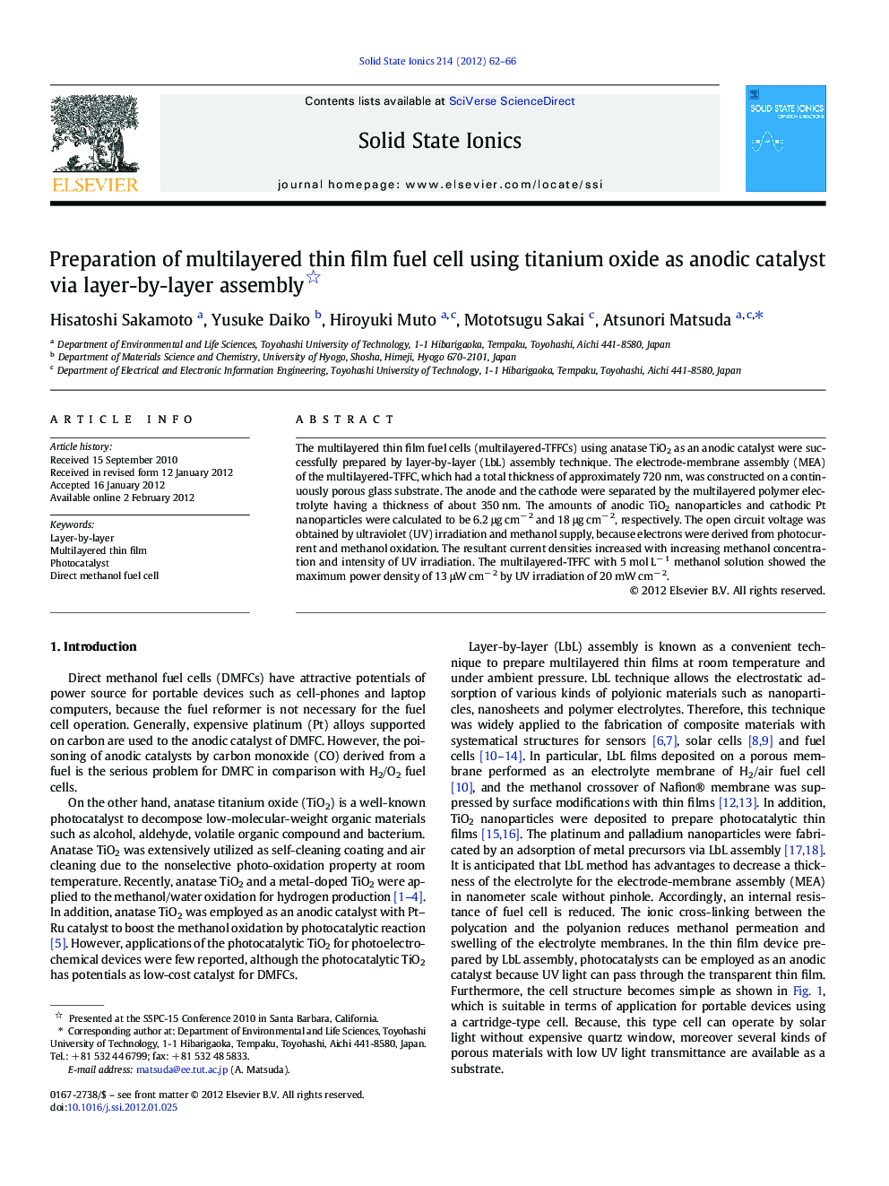 Preparation of multilayered thin film fuel cell using titanium oxide as anodic catalyst via layer-by-layer assembly 