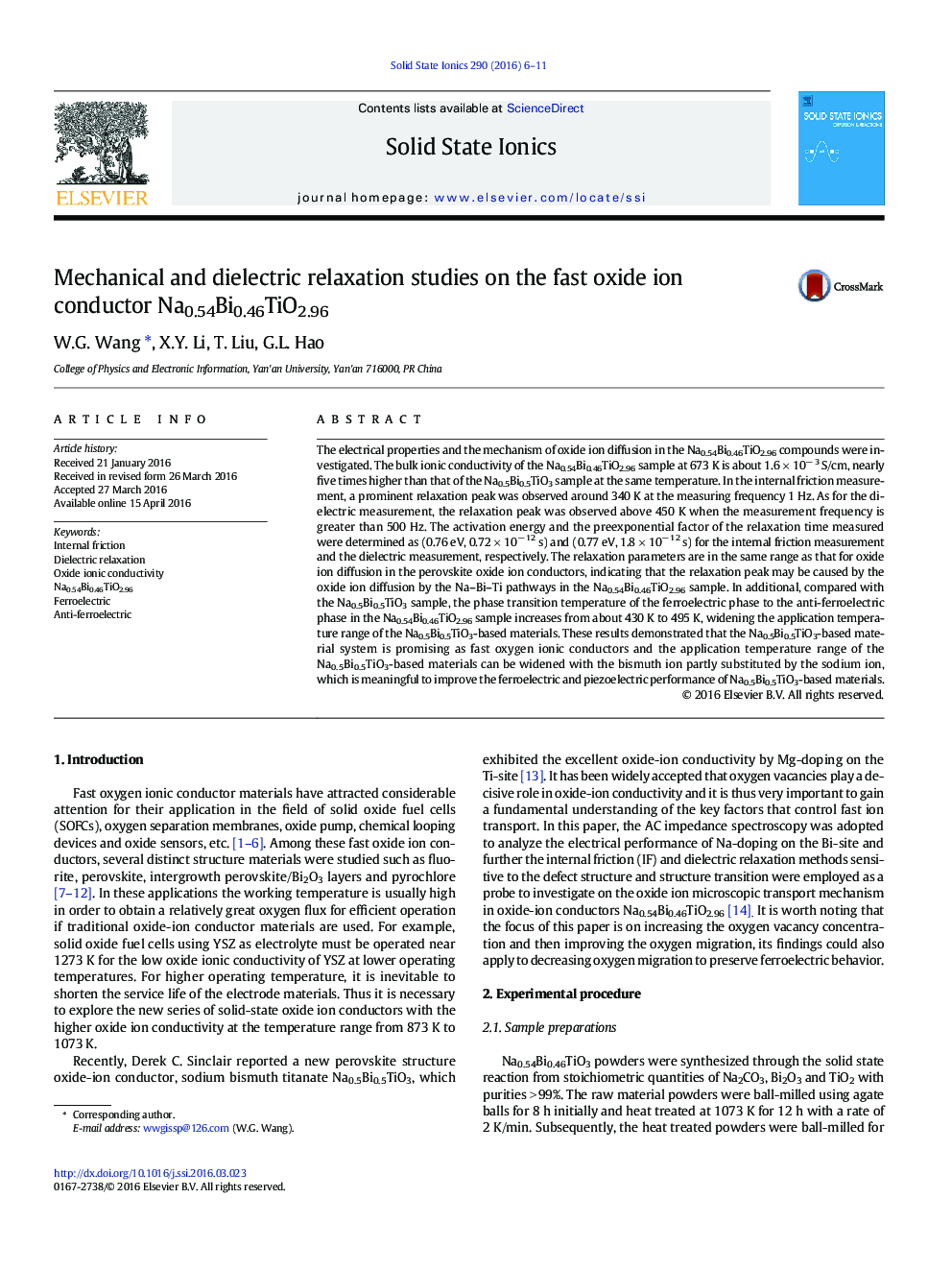 Mechanical and dielectric relaxation studies on the fast oxide ion conductor Na0.54Bi0.46TiO2.96