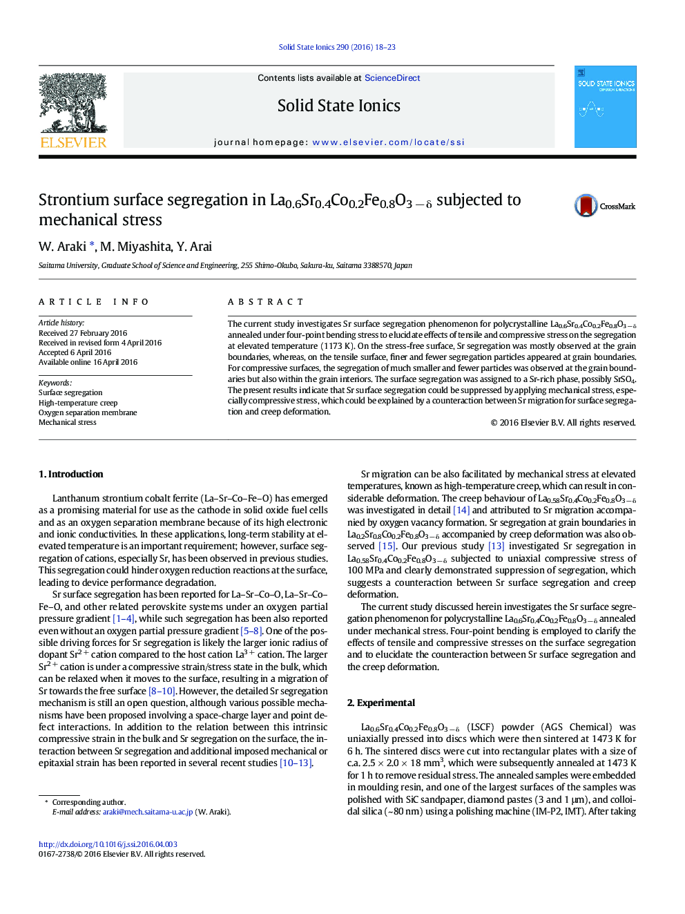 Strontium surface segregation in La0.6Sr0.4Co0.2Fe0.8O3 − δ subjected to mechanical stress