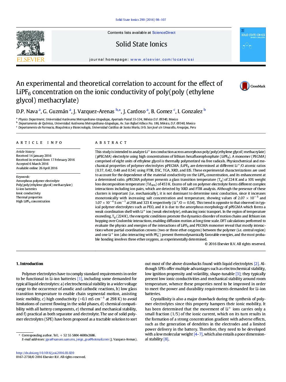 An experimental and theoretical correlation to account for the effect of LiPF6 concentration on the ionic conductivity of poly(poly (ethylene glycol) methacrylate)