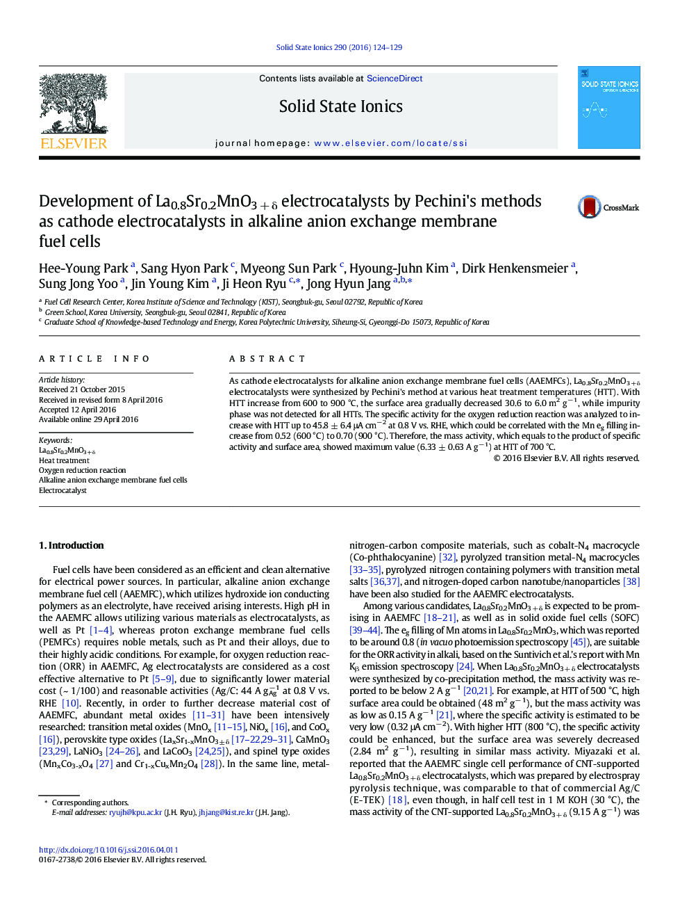 Development of La0.8Sr0.2MnO3 + δ electrocatalysts by Pechini's methods as cathode electrocatalysts in alkaline anion exchange membrane fuel cells