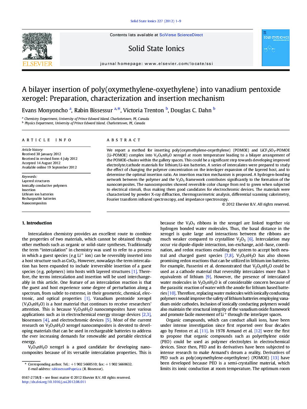 A bilayer insertion of poly(oxymethylene-oxyethylene) into vanadium pentoxide xerogel: Preparation, characterization and insertion mechanism