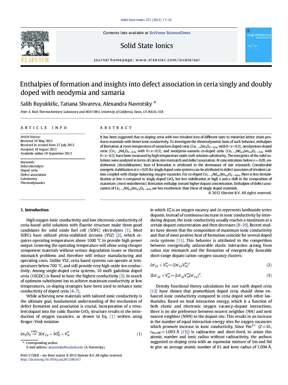 Enthalpies of formation and insights into defect association in ceria singly and doubly doped with neodymia and samaria