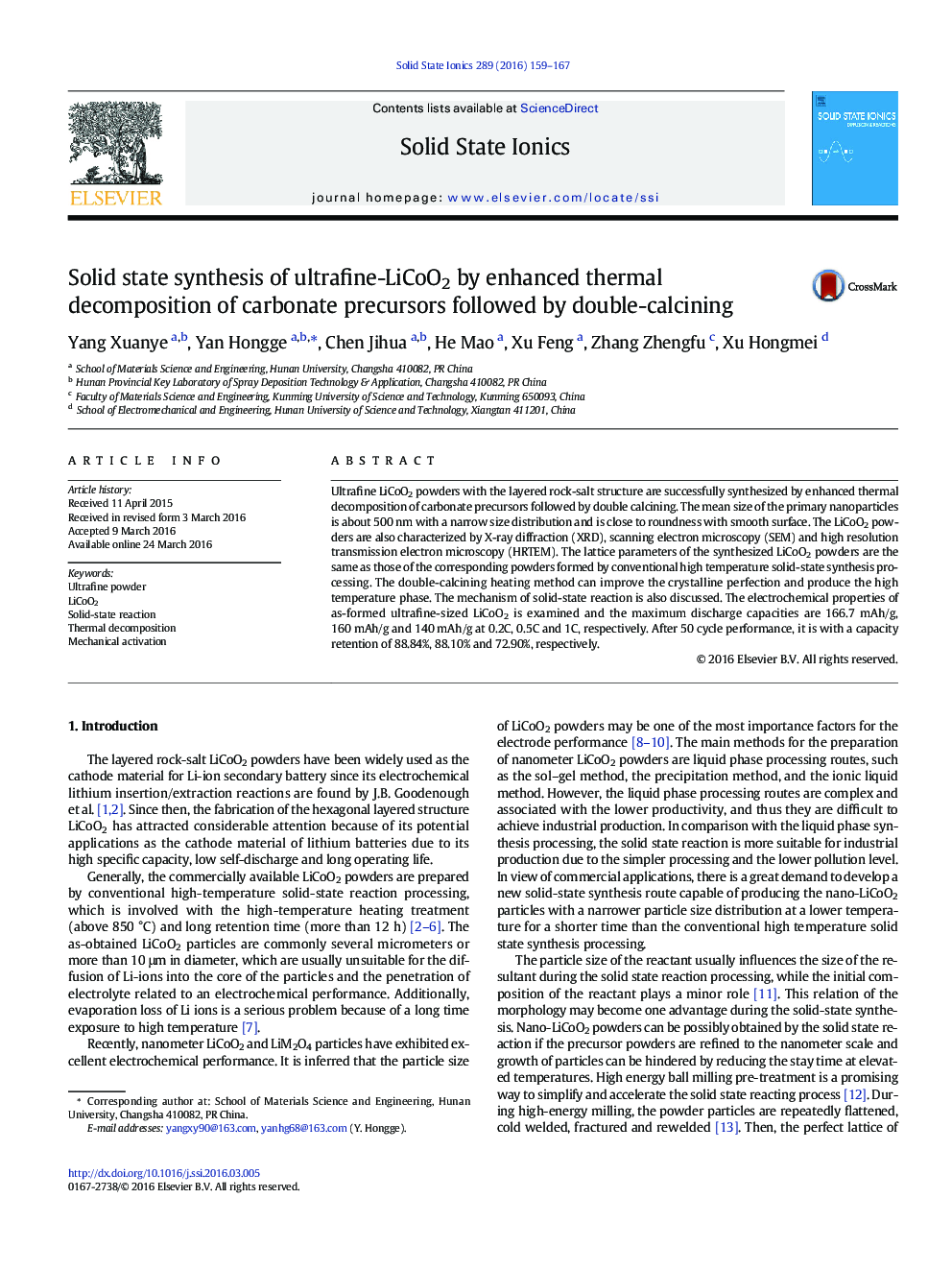 Solid state synthesis of ultrafine-LiCoO2 by enhanced thermal decomposition of carbonate precursors followed by double-calcining