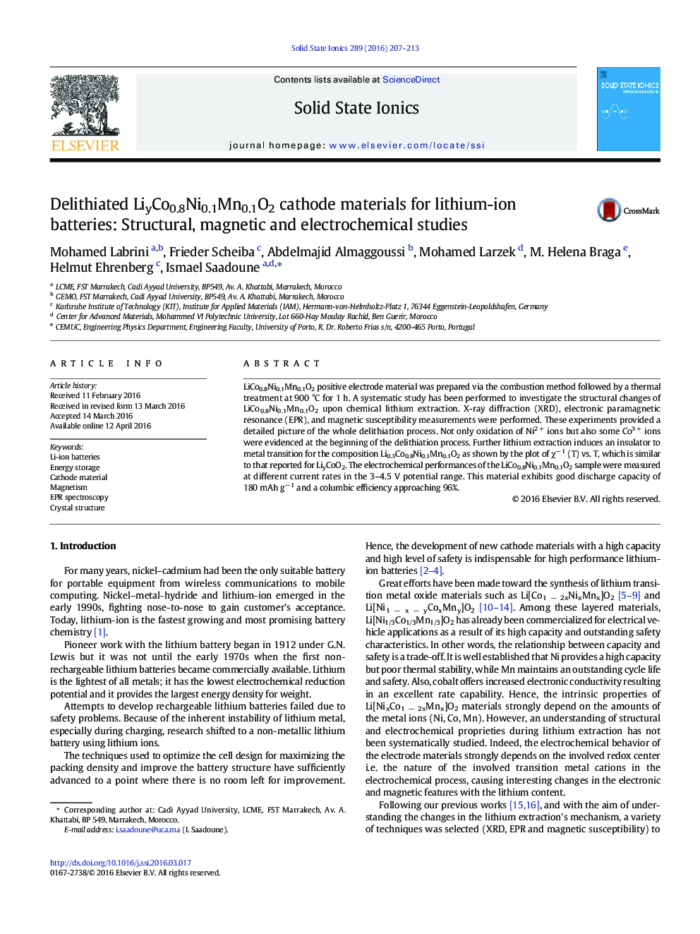 Delithiated LiyCo0.8Ni0.1Mn0.1O2 cathode materials for lithium-ion batteries: Structural, magnetic and electrochemical studies