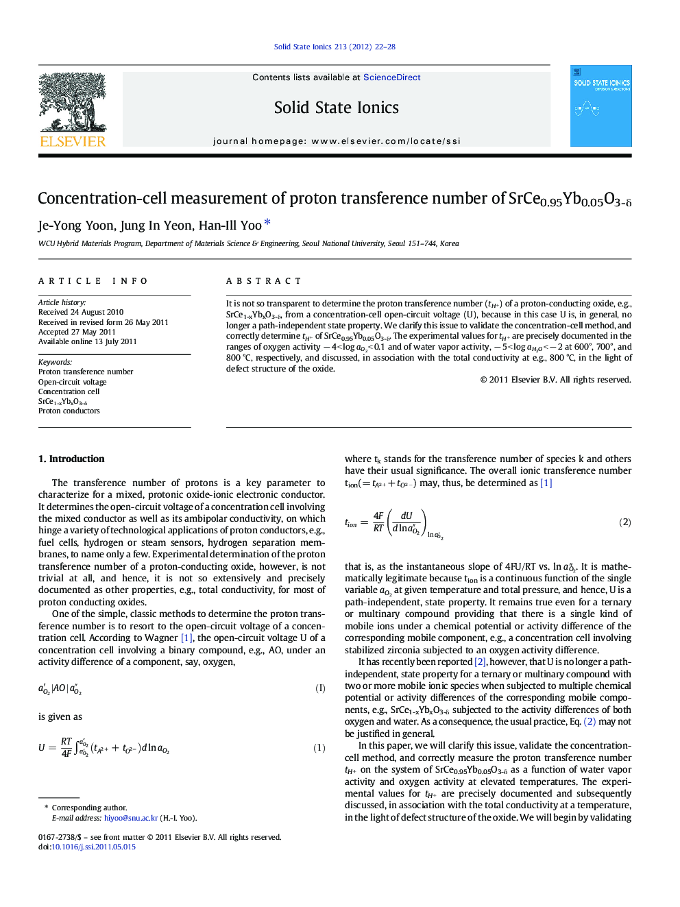 Concentration-cell measurement of proton transference number of SrCe0.95Yb0.05O3-δ