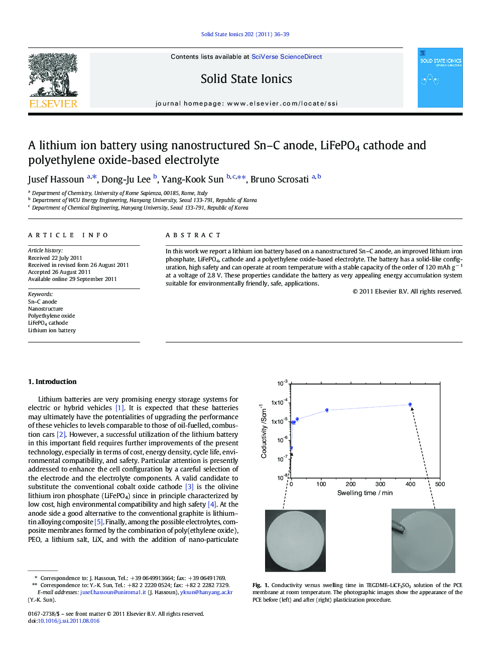 A lithium ion battery using nanostructured Sn–C anode, LiFePO4 cathode and polyethylene oxide-based electrolyte