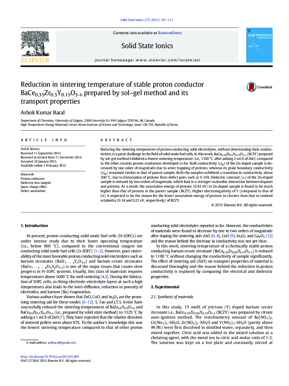 Reduction in sintering temperature of stable proton conductor BaCe0.35Zr0.5Y0.15O3-δ prepared by sol–gel method and its transport properties