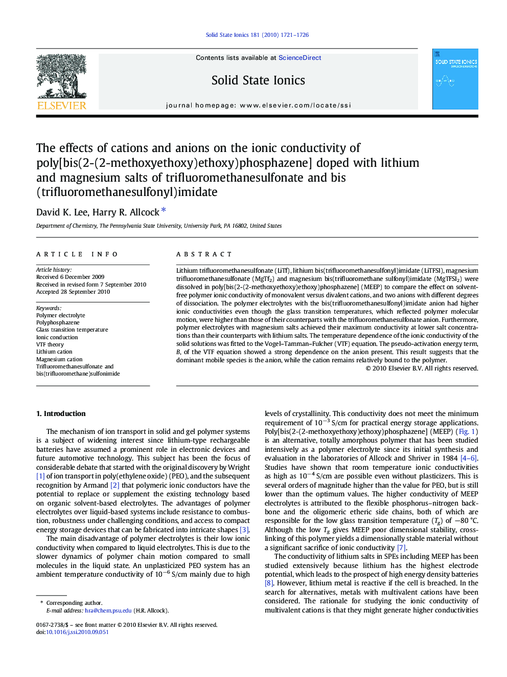 The effects of cations and anions on the ionic conductivity of poly[bis(2-(2-methoxyethoxy)ethoxy)phosphazene] doped with lithium and magnesium salts of trifluoromethanesulfonate and bis(trifluoromethanesulfonyl)imidate