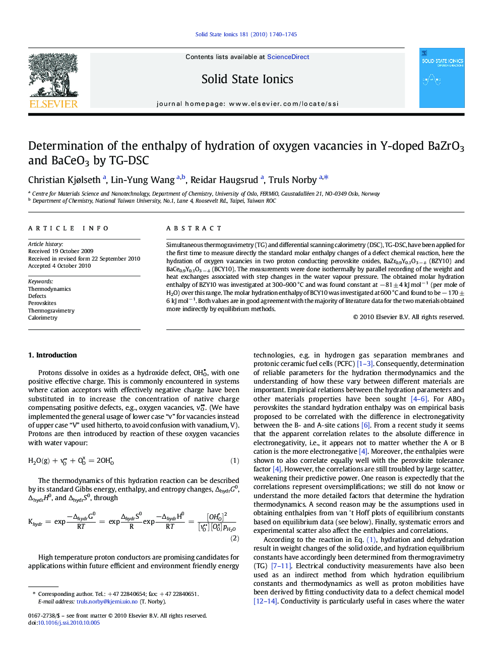 Determination of the enthalpy of hydration of oxygen vacancies in Y-doped BaZrO3 and BaCeO3 by TG-DSC