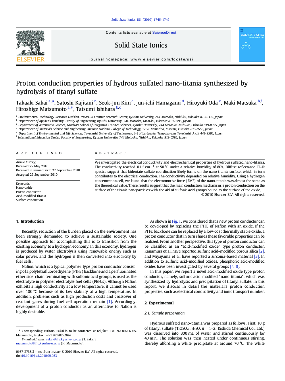 Proton conduction properties of hydrous sulfated nano-titania synthesized by hydrolysis of titanyl sulfate