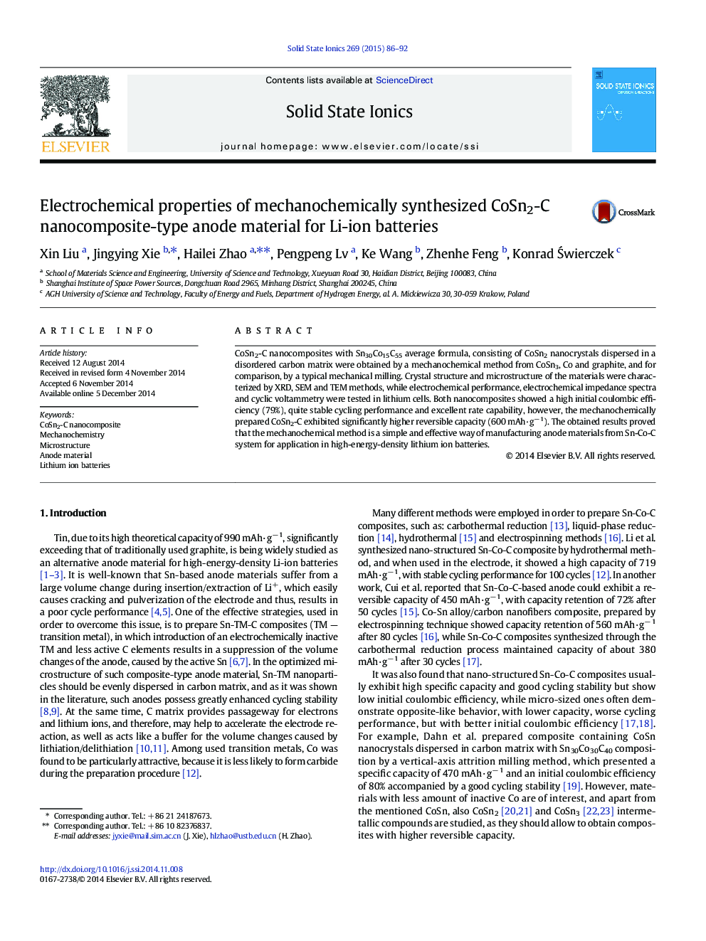 Electrochemical properties of mechanochemically synthesized CoSn2-C nanocomposite-type anode material for Li-ion batteries