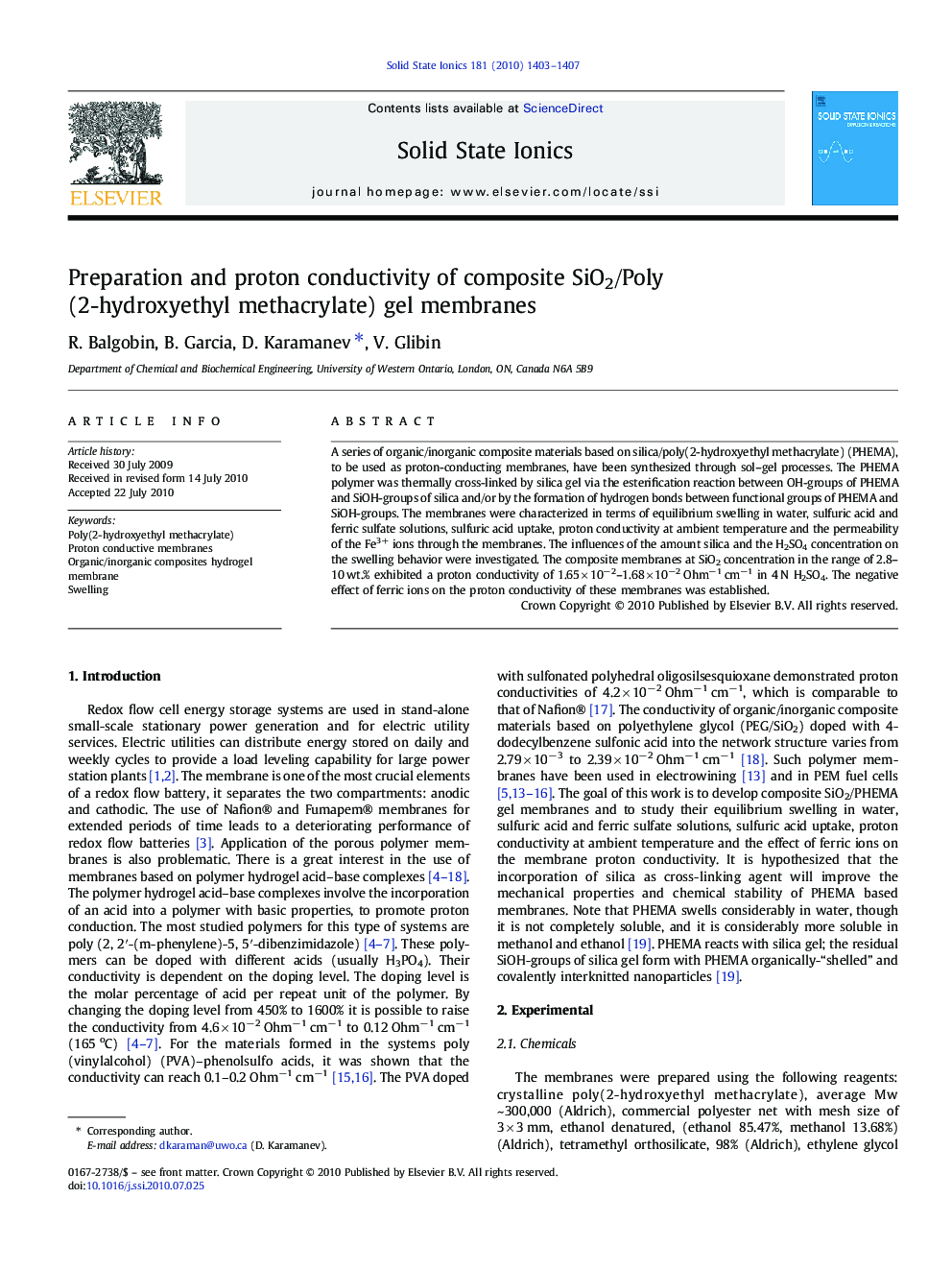 Preparation and proton conductivity of composite SiO2/Poly (2-hydroxyethyl methacrylate) gel membranes