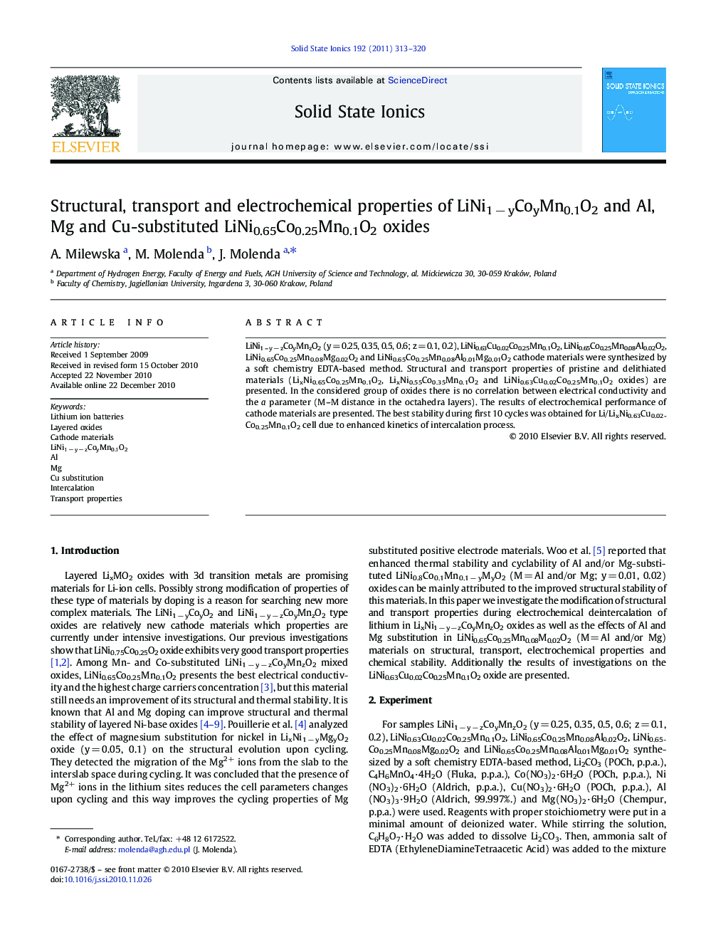 Structural, transport and electrochemical properties of LiNi1 − yCoyMn0.1O2 and Al, Mg and Cu-substituted LiNi0.65Co0.25Mn0.1O2 oxides