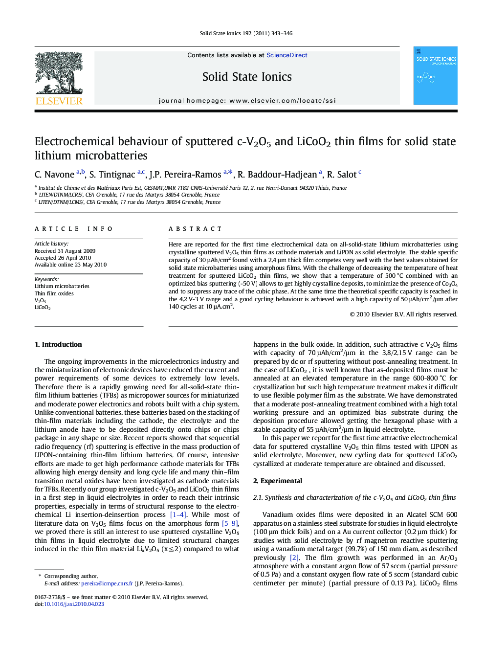 Electrochemical behaviour of sputtered c-V2O5 and LiCoO2 thin films for solid state lithium microbatteries