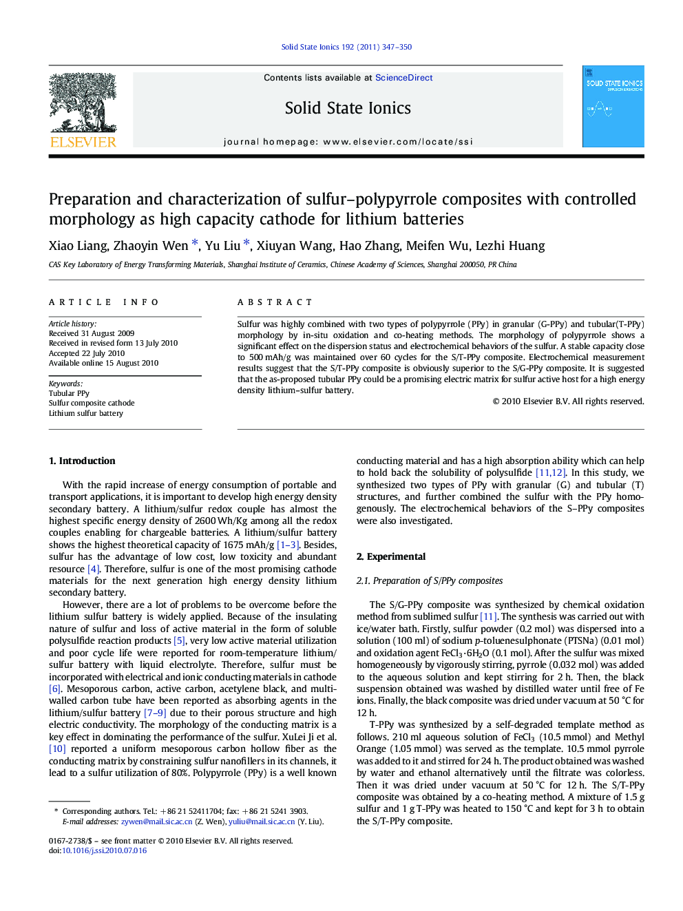 Preparation and characterization of sulfur–polypyrrole composites with controlled morphology as high capacity cathode for lithium batteries