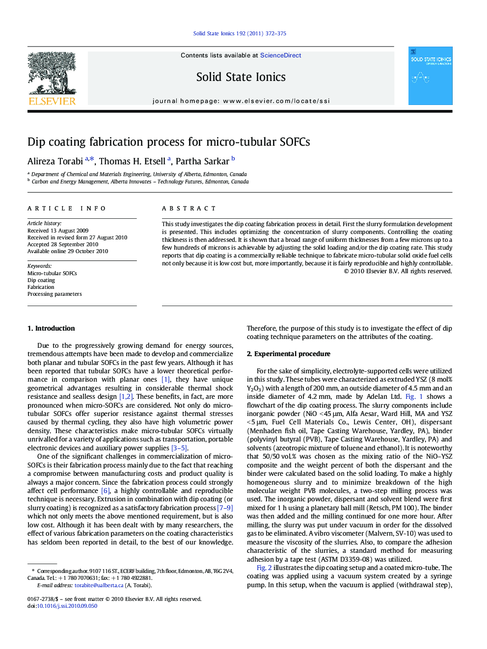 Dip coating fabrication process for micro-tubular SOFCs