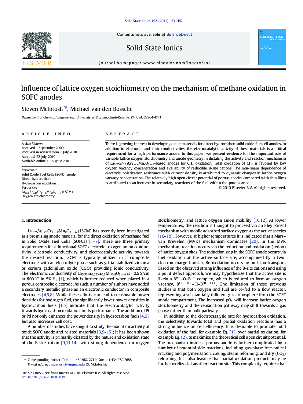 Influence of lattice oxygen stoichiometry on the mechanism of methane oxidation in SOFC anodes