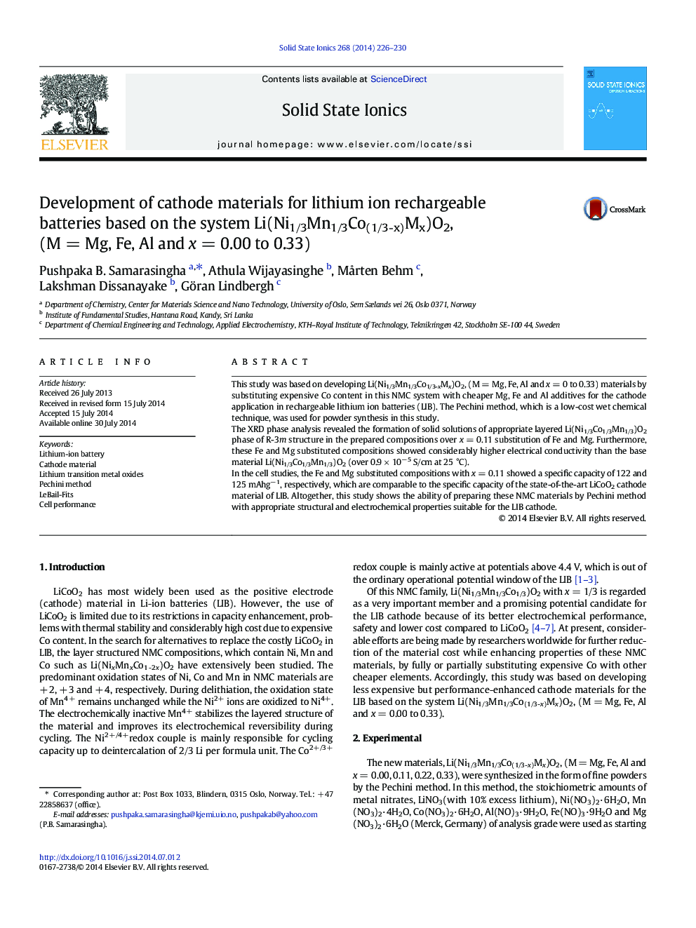 Development of cathode materials for lithium ion rechargeable batteries based on the system Li(Ni1/3Mn1/3Co(1/3-x)Mx)O2, (M = Mg, Fe, Al and x = 0.00 to 0.33)