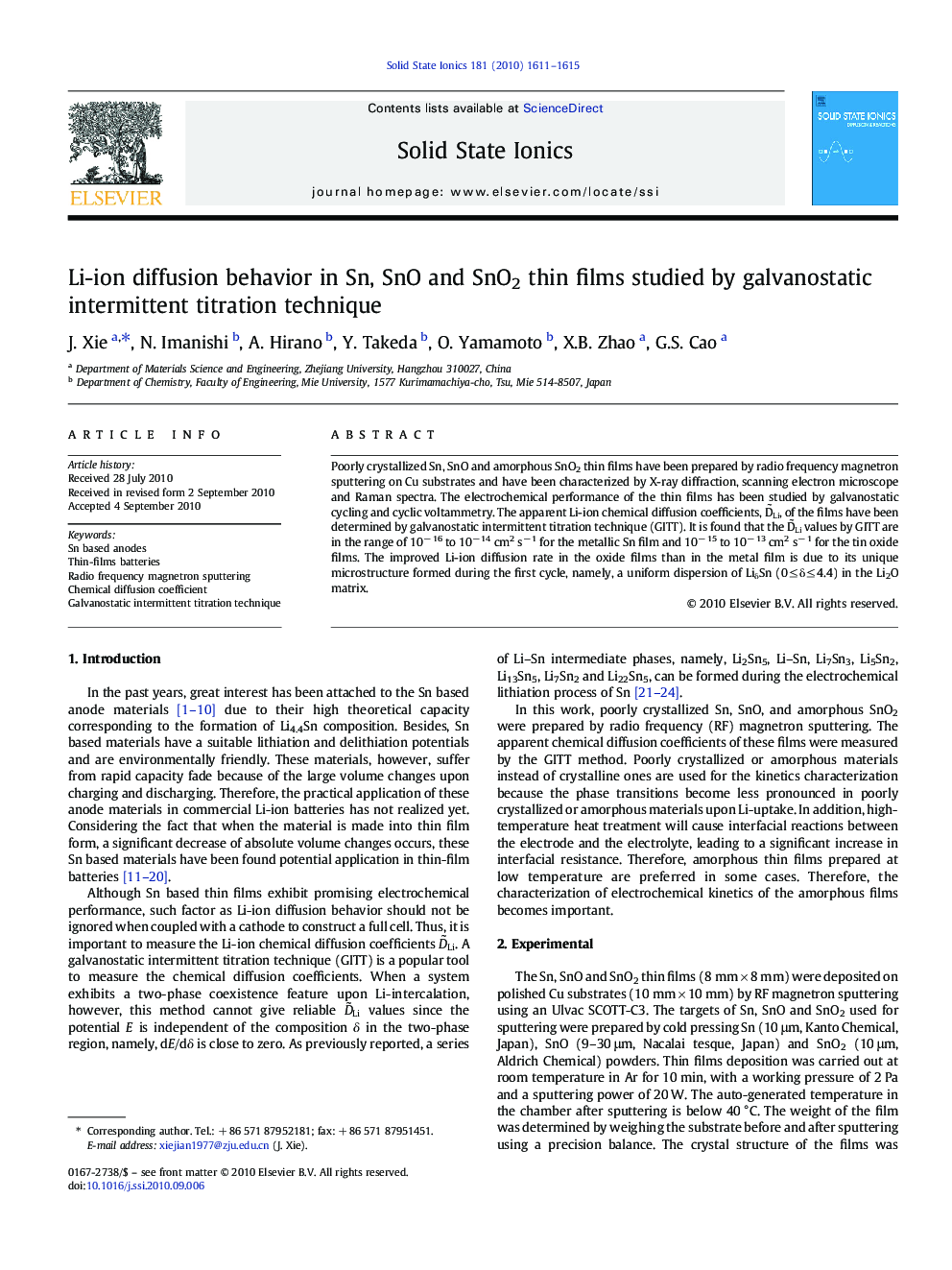 Li-ion diffusion behavior in Sn, SnO and SnO2 thin films studied by galvanostatic intermittent titration technique