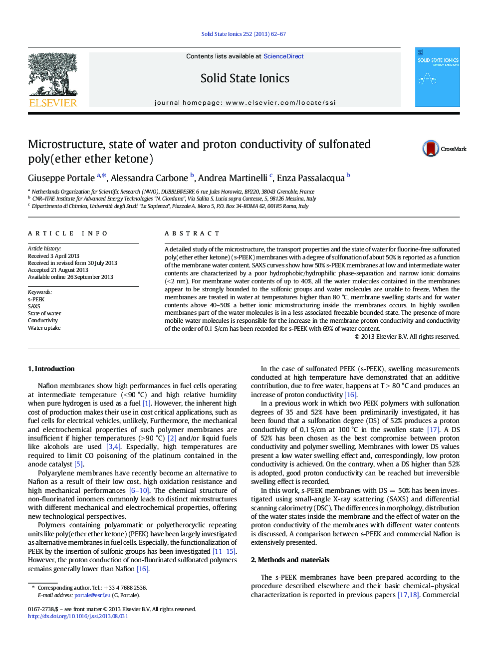 Microstructure, state of water and proton conductivity of sulfonated poly(ether ether ketone)