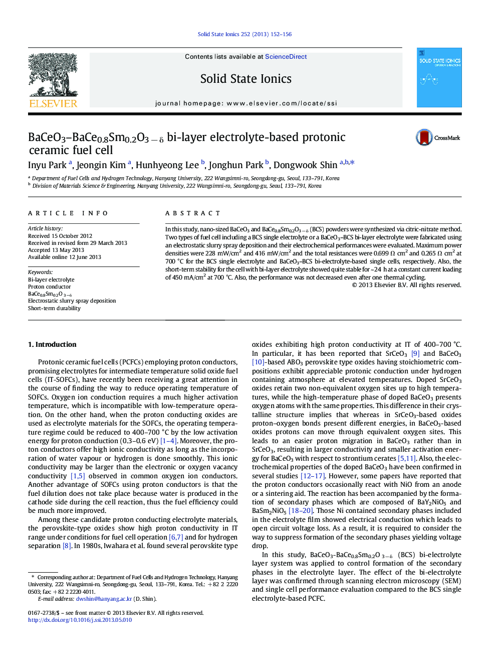 BaCeO3–BaCe0.8Sm0.2O3 − δ bi-layer electrolyte-based protonic ceramic fuel cell