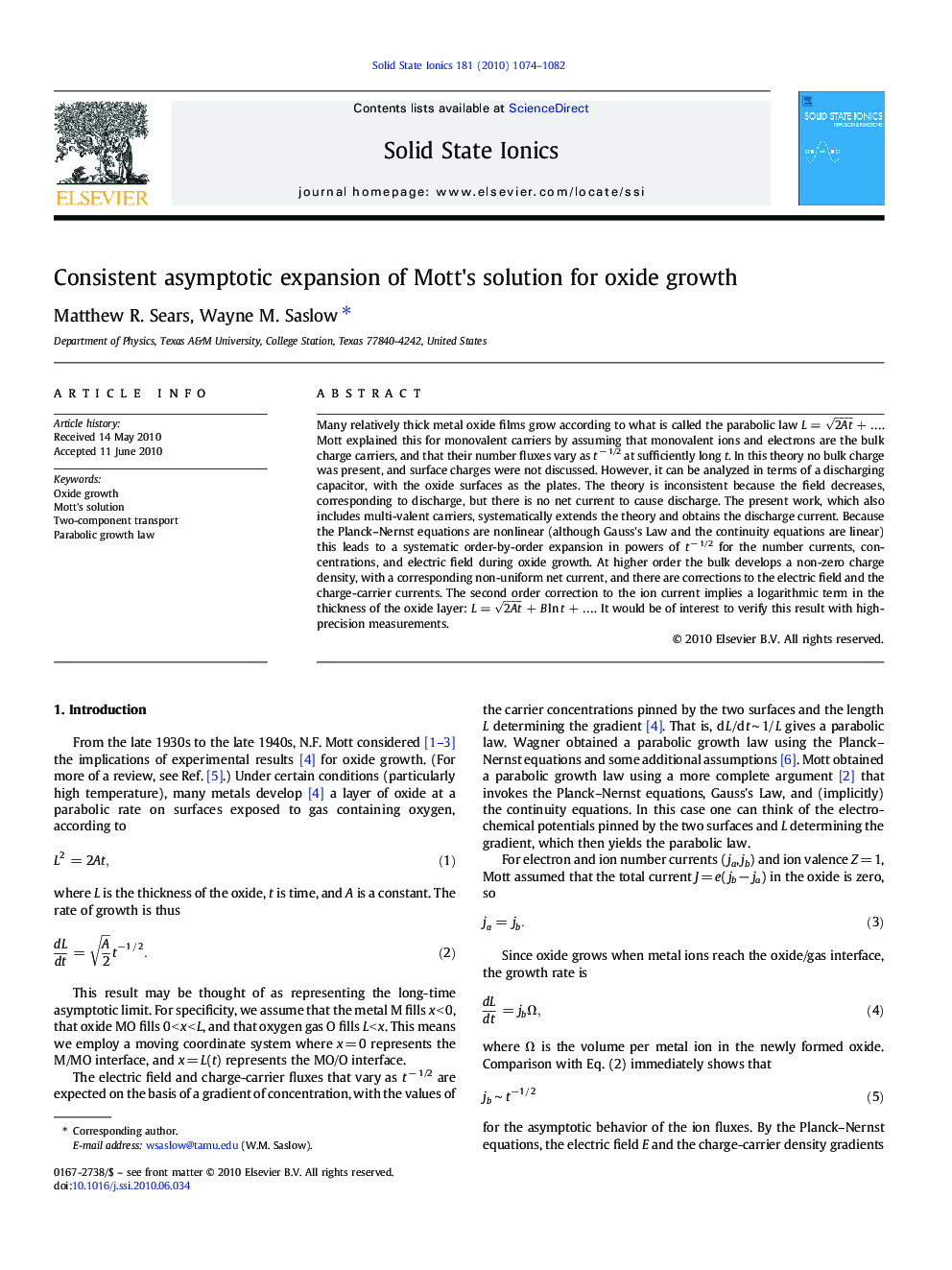 Consistent asymptotic expansion of Mott's solution for oxide growth