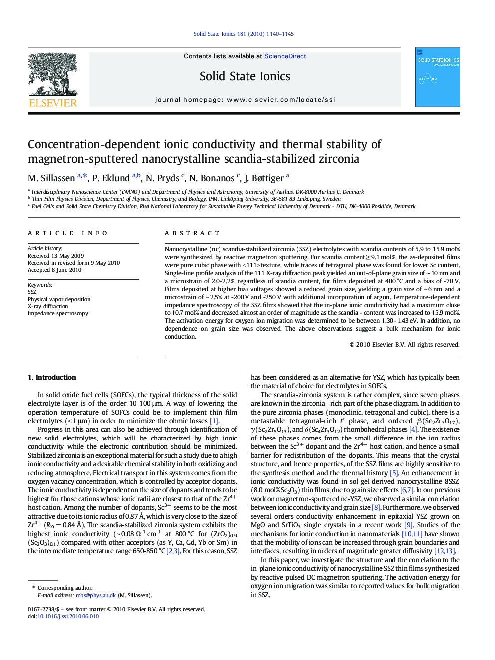 Concentration-dependent ionic conductivity and thermal stability of magnetron-sputtered nanocrystalline scandia-stabilized zirconia