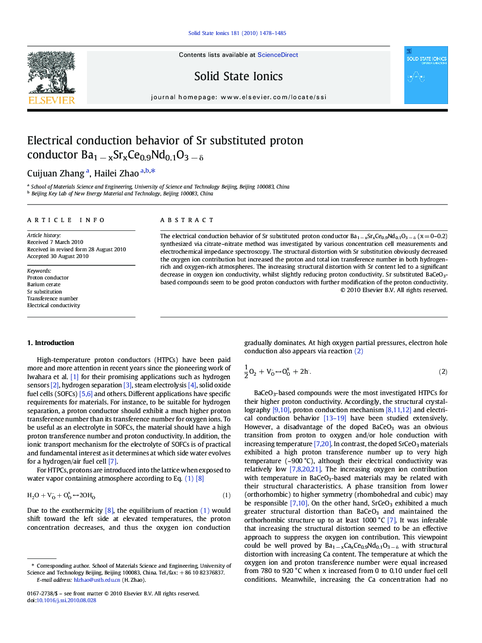 عکس صفحه اول مقاله: Electrical conduction behavior of Sr substituted proton conductor Ba1 − xSrxCe0.9Nd0.1O3 − δ Electrical conduction behavior of Sr substituted proton conductor Ba1 − xSrxCe0.9Nd0.1O3 − δ