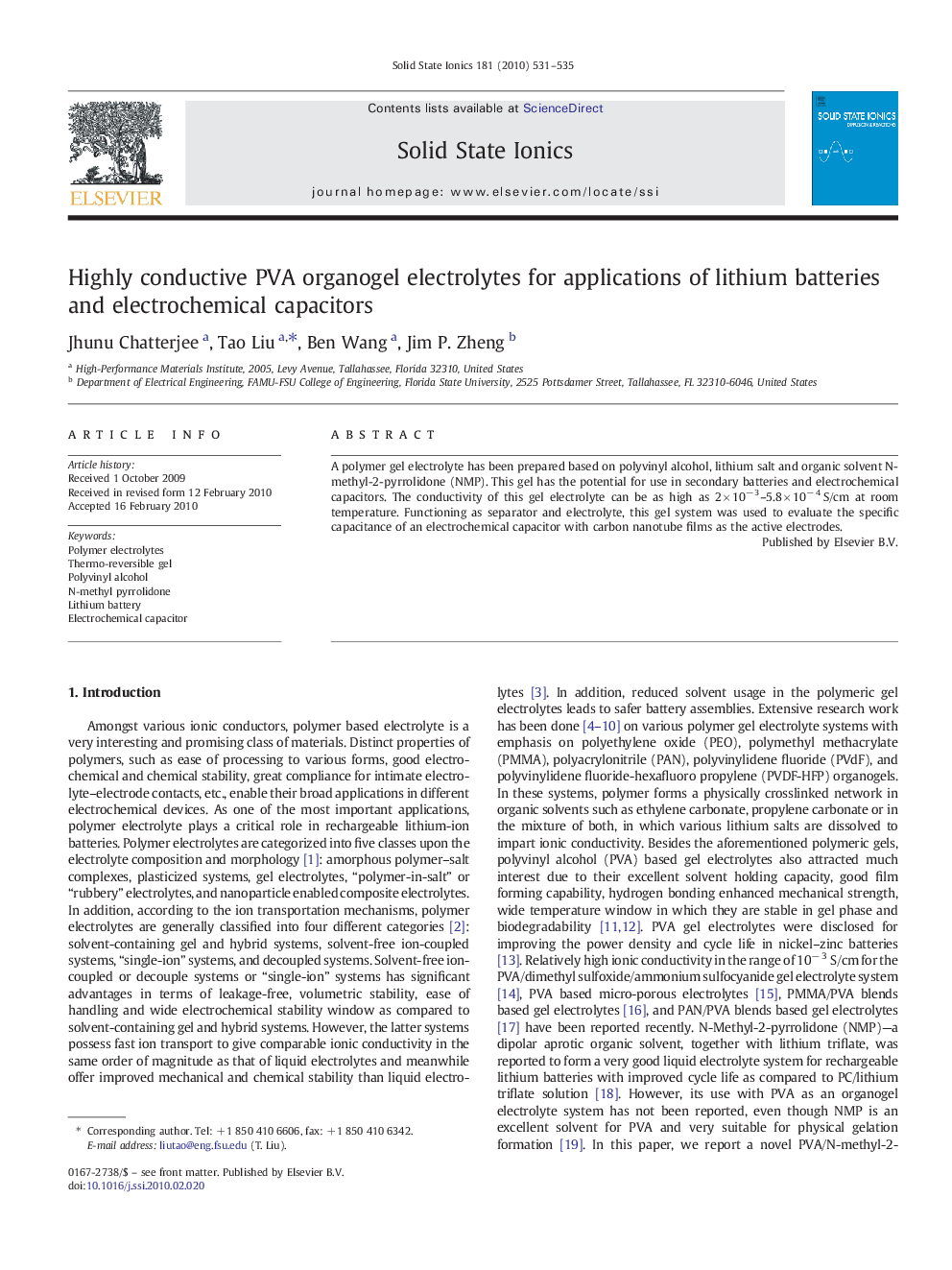 Highly conductive PVA organogel electrolytes for applications of lithium batteries and electrochemical capacitors