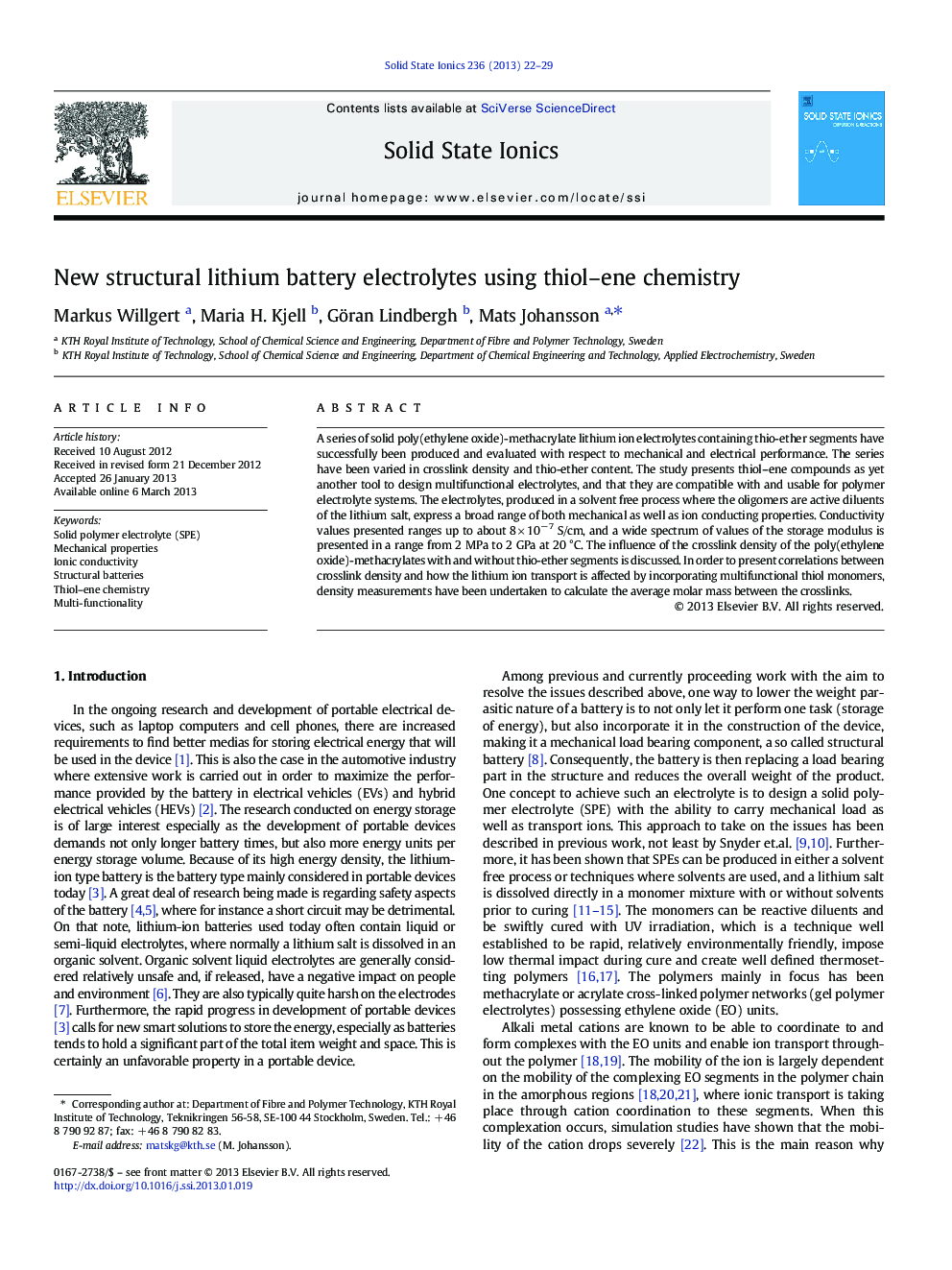 عکس صفحه اول مقاله: New structural lithium battery electrolytes using thiol–ene chemistry New structural lithium battery electrolytes using thiol–ene chemistry