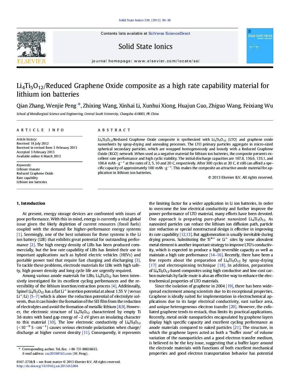 Li4Ti5O12/Reduced Graphene Oxide composite as a high rate capability material for lithium ion batteries