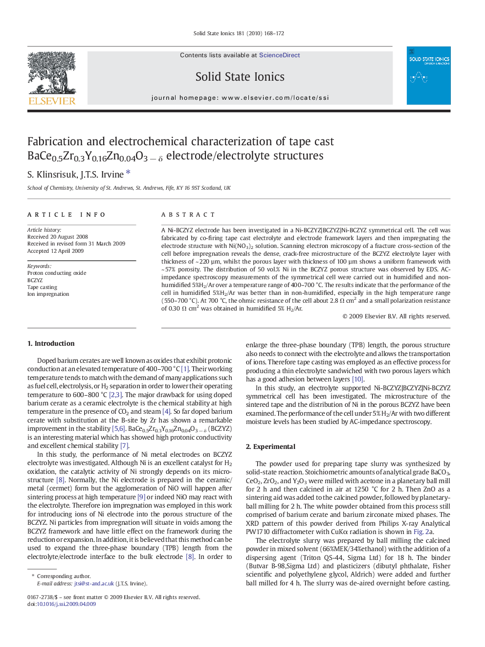 Fabrication and electrochemical characterization of tape cast BaCe0.5Zr0.3Y0.16Zn0.04O3 − δ electrode/electrolyte structures