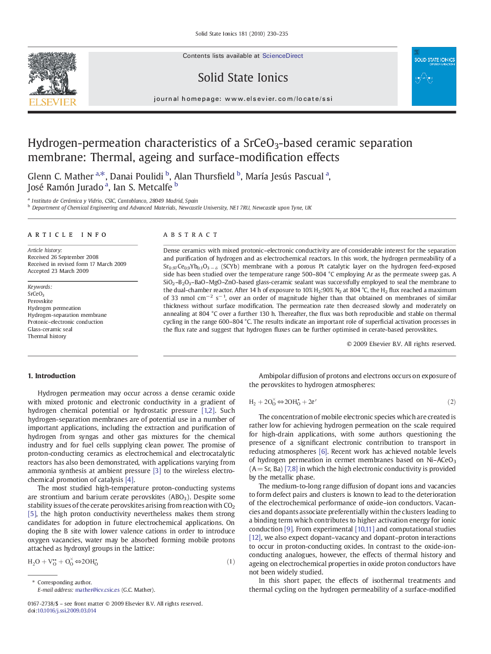 Hydrogen-permeation characteristics of a SrCeO3-based ceramic separation membrane: Thermal, ageing and surface-modification effects