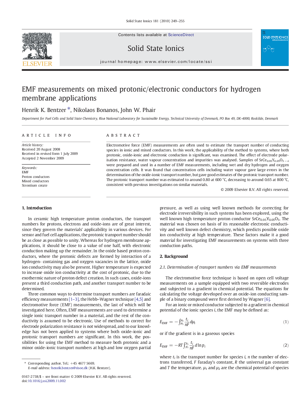 EMF measurements on mixed protonic/electronic conductors for hydrogen membrane applications