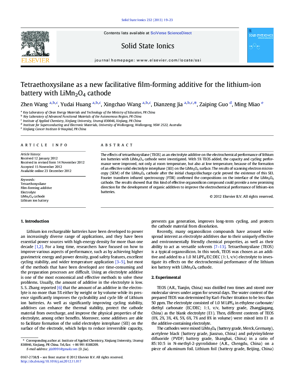 Tetraethoxysilane as a new facilitative film-forming additive for the lithium-ion battery with LiMn2O4 cathode