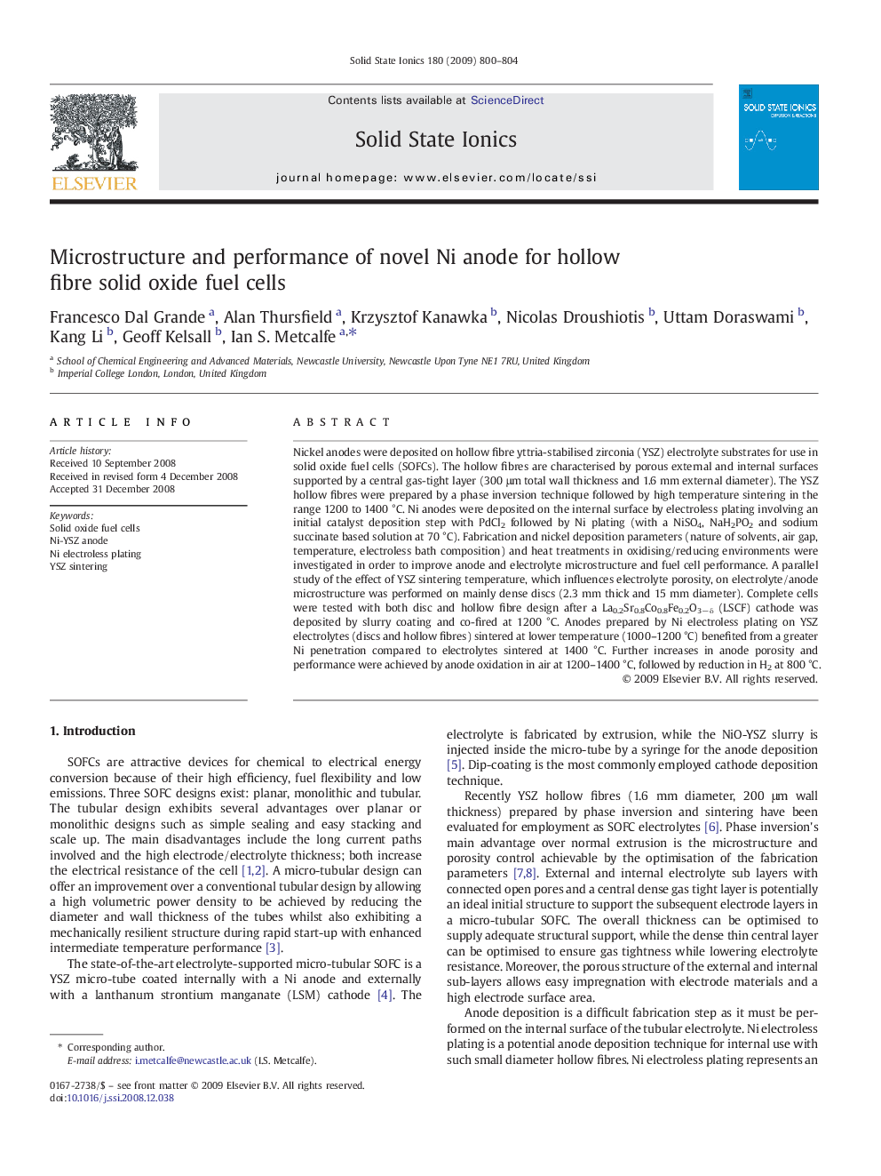 Microstructure and performance of novel Ni anode for hollow fibre solid oxide fuel cells