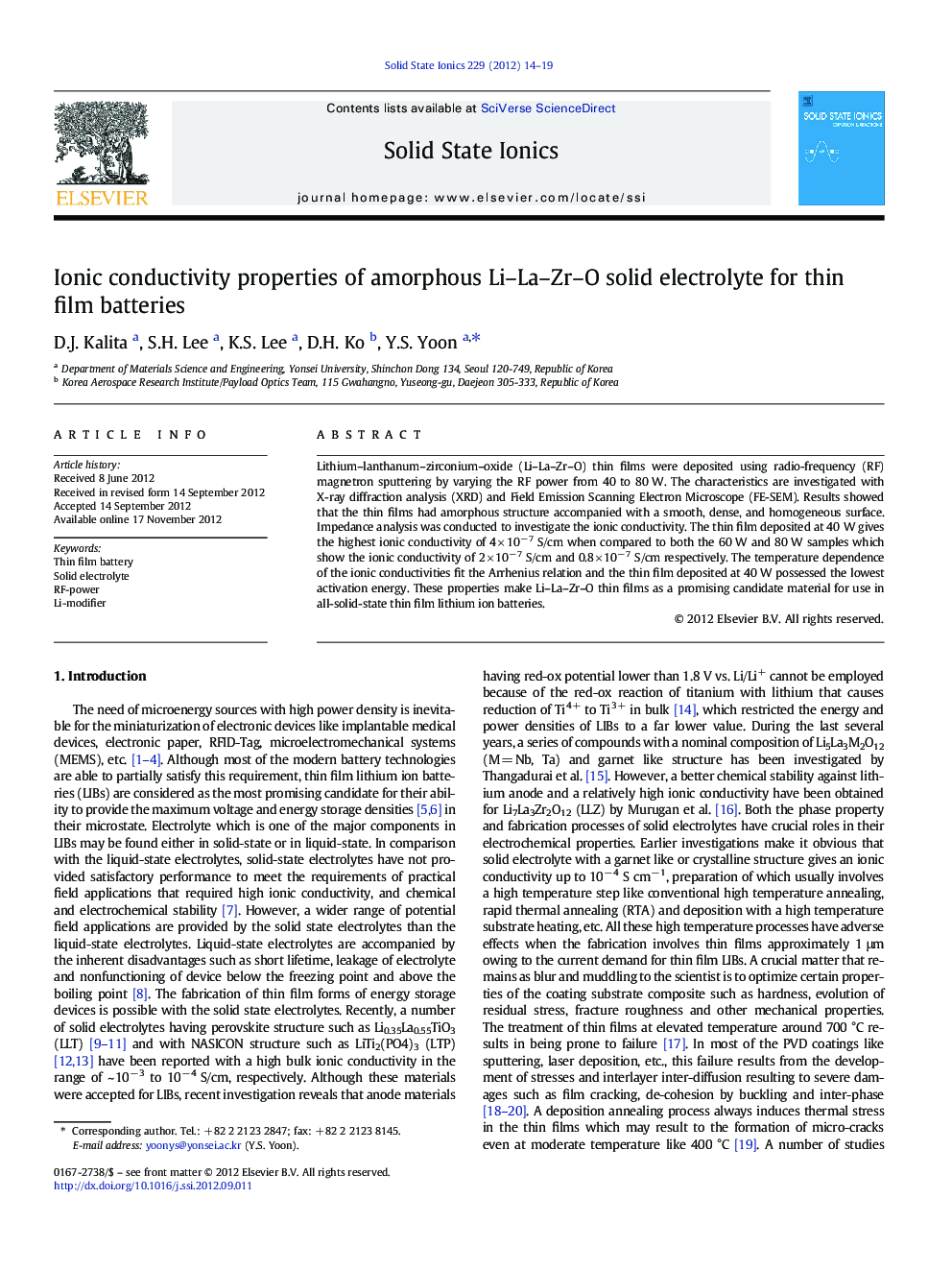 Ionic conductivity properties of amorphous Li–La–Zr–O solid electrolyte for thin film batteries