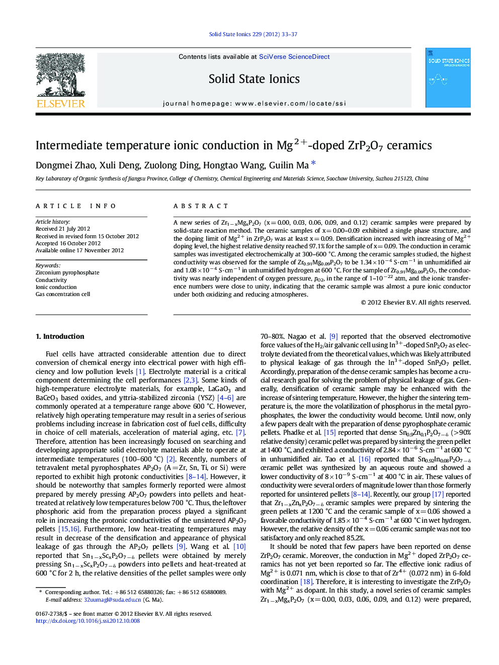 Intermediate temperature ionic conduction in Mg2 +-doped ZrP2O7 ceramics